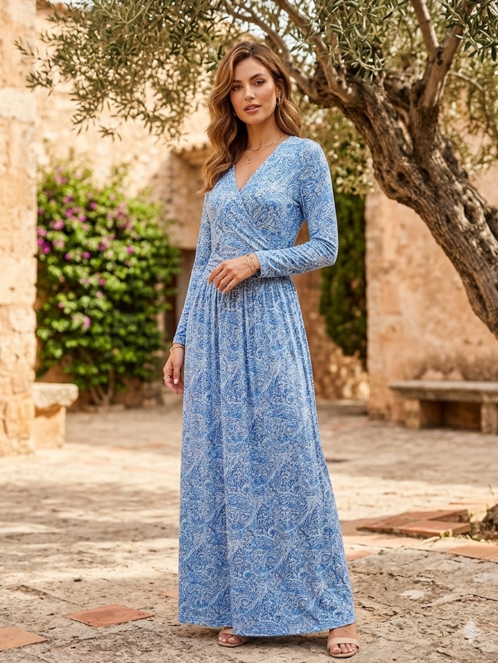 Light Blue Paisley V-Neck Long Sleeve Maxi Dress/E049